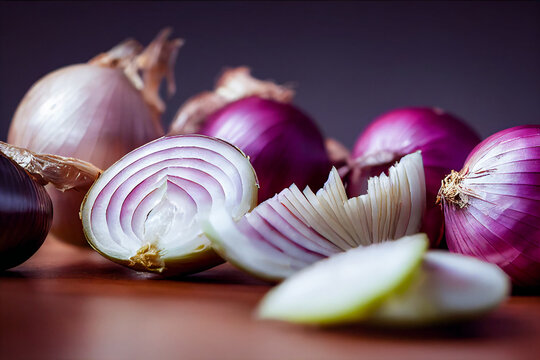 Purple Onion On A Wooden Table. Slices Food. Photorealism Illustration. Realistic 3d Image