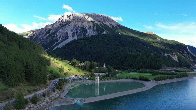 drone flight over Lake Reschensee in South Tyrol