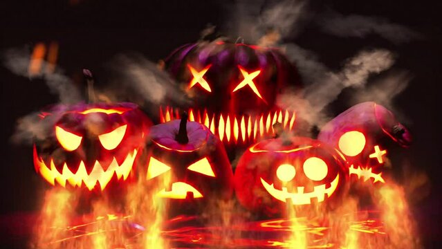 Fire Pumpkin Halloween Night Background 4K Animation.