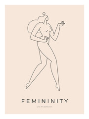 Contemporary modern poster. Woman silhouette, nude female body in abstract pose, feminine figure design. Line art. Femininity, Mid century beauty concept for wall art, prints. Vector illustration