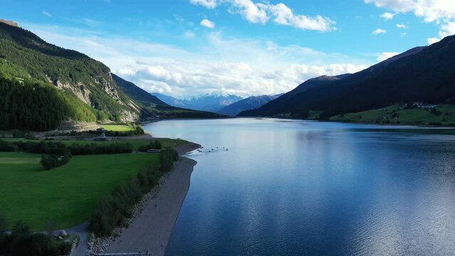 drone flight over Lake Reschensee in South Tyrol