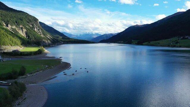 drone flight over Lake Reschensee in South Tyrol