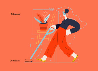 Lifestyle series - Tidying up, housekeeping - modern flat vector illustration of a woman cleaning the floor with a vacuum cleaner. People activities concept