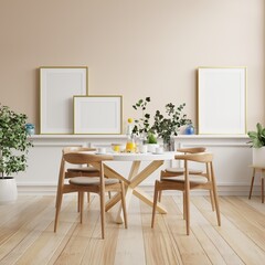 Mock up poster in modern dining room interior design with cream color empty wall.