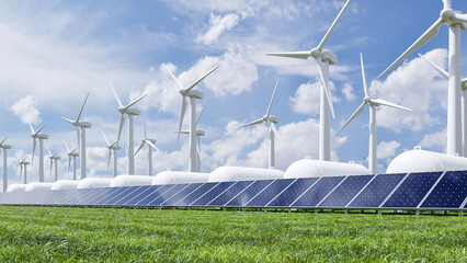 Wind turbine facility for clean electricity solar and hydrogen energy storage gas tank. © Vanitjan
