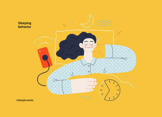 Lifestyle series - Sleeping behaviour - modern flat vector illustration of a woman sleeping in her bed, showing the benefits of good sleeping habit, eight hours normal sleep. People activities concept