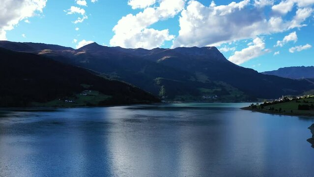 drone flight over Lake Reschensee in South Tyrol