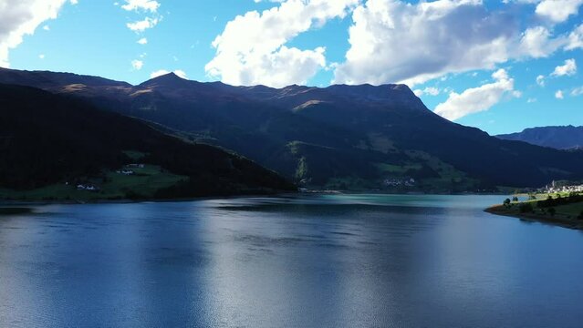 drone flight over Lake Reschensee in South Tyrol