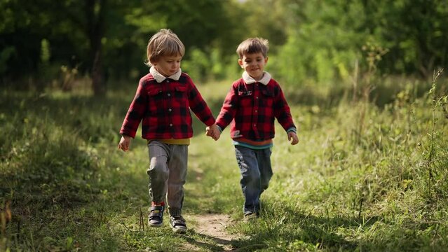 Cute kids walking together holding hands in autumn park. Smiling brothers, stylish boys having fun, playing outdoors. Friendship, family, twins, childhood concept