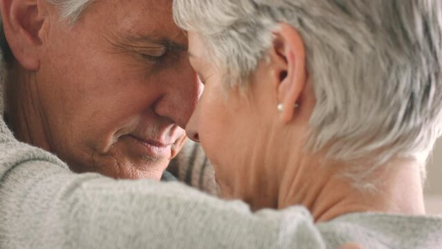 Elderly couple hug intimate love connection, calm retirement together and senior woman care with wrinkle skin. Old man emotional, marriage commitment and closeup face of people on wedding anniversary