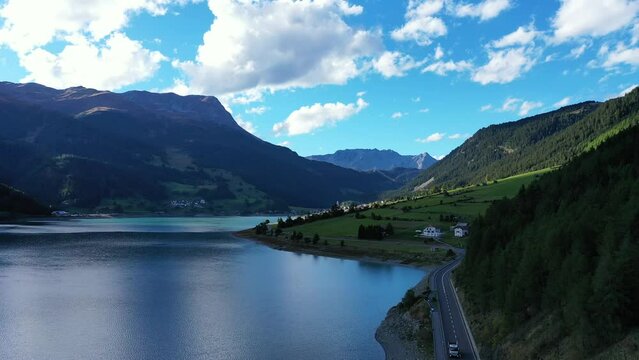 drone flight over Lake Reschensee in South Tyrol