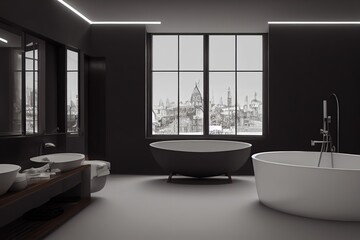 Fototapeta na wymiar Front view on dark bathroom interior with bathtub