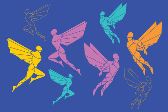 Polygon style man flying with wings vector illustration.