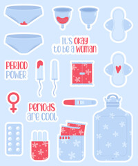 Sticker set of female hygiene product items. Menstrual period.