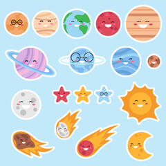 Cute cosmic stickers isolated on blue background. Kawaii planets, asteroids, comet, stars, sun and moon. Vector illustration for children.