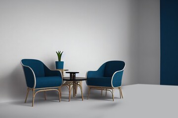 Rattan armchairs and table near White wall
