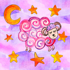 Watercolor illustration of a pink sheep on a pink purple background with stars and moon textiles for children