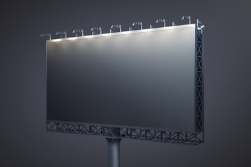 Blank black horizontal billboard on dark background, perspective view. Mock up, 3D Rendering