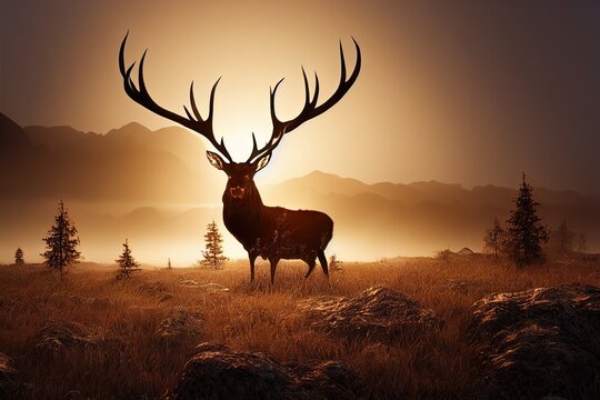 Stunning landscape image of deer stag silhouette