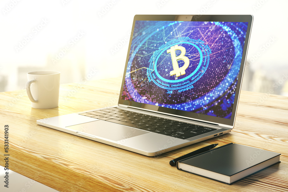 Poster Modern computer display with creative Bitcoin symbol hologram. Mining and blockchain concept. 3D Rendering
