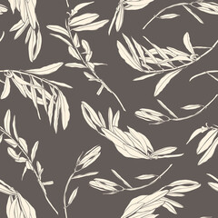 Seamless black background with olive leaves. Ideal for printing on fabric or paper. 