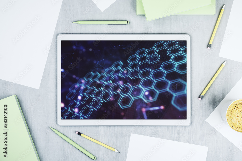 Leinwandbilder creative concept of wireless technology with hexagon hologram on modern digital tablet screen. big d