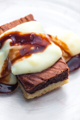 marble sponge cake with creamy custard sauce