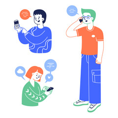 Different people using mobile phone set. Male and female with smartphones and speech bubbles. Vector cartoon illustration