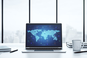 Abstract creative world map on modern laptop screen, international trading concept. 3D Rendering