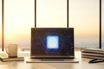 Abstract creative fingerprint illustration on modern laptop monitor, digital access concept. 3D Rendering