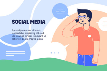 Social media concept. Young man talking on smartphone. Banner template with business conversation, speech bubbles. Flat vector illustration