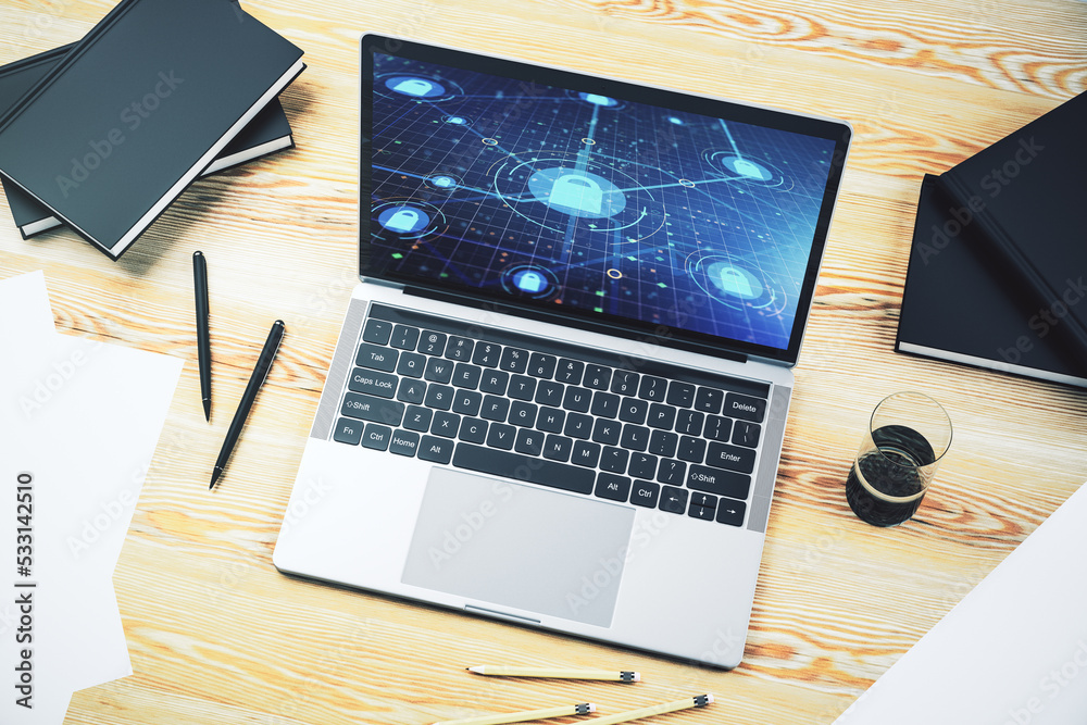 Fototapete computer monitor with creative light lock illustration and microcircuit, cyber security concept. 3d 