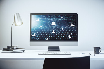Modern computer display with social network icons concept. Networking concept. 3D Rendering