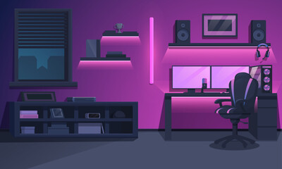 gamer night room with furniture and computer, vector illustration - obrazy, fototapety, plakaty