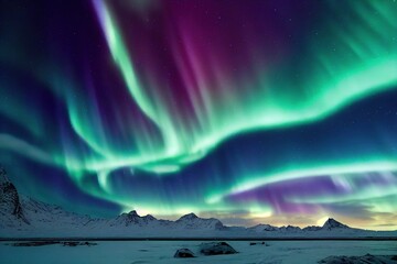 Naklejka premium Aurora borealis and happy Man. Starry sky, green polar lights. Night landscape. Northern lights