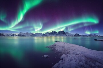 Aurora borealis and happy Man. Starry sky, green polar lights. Night landscape. Northern lights