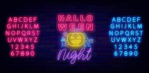 Halloween night neon sign on brick wall. Luminous pink and blue alphabet. Party invitation. Vector stock illustration