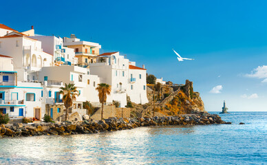 View of Chora town on the beautiful Andros island in Cyclades, Greece, Europe - obrazy, fototapety, plakaty