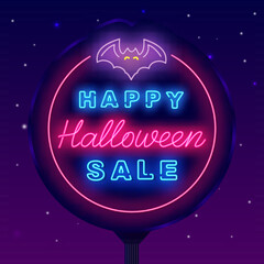 Happy Halloween sale neon street billboard. Circle frame with bat icon. Light advertising. Vector stock illustration