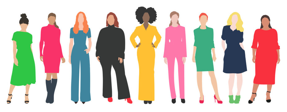 Beautiful women silhouette vectors, woman in colorful clothes standing illustration