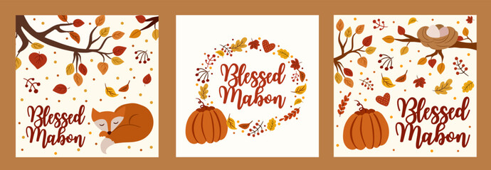 Mabon autumn greeting cards set. vector illustration - obrazy, fototapety, plakaty