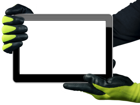 Manual Worker with protective work gloves showing a digital tablet computer. Isolated on transparent background. Photography, png. - Powered by Adobe