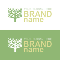 Logo with tree and text. Square crown with branches without leaves, light yellow, gold text on a white and green background. Eco icon, sign, symbol for a company, natural products. Vector illustration