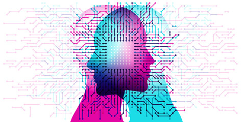A face to face positioned male & female silhouette overlaid with circuit board, computer and electronic details and patterns. A white CPU grid detail is centrally positioned.