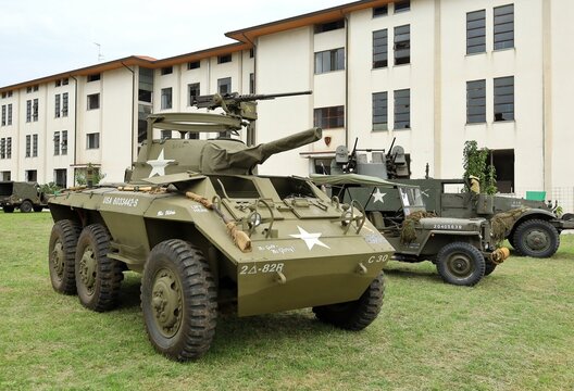 Tricesimo, Italy. September 24, 2022. M8, aslo called Greyhound, during a Second world war reenactment. It was a light armoured wheeled vehicle of the Us Army.