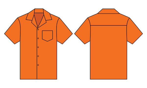 Orange Hawaiian Shirt With Pocket Template On White Background.Front And Back View, Vector File.