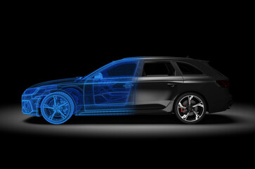 Fototapeta premium Black and wireframe generic and unbranded car. 3D illustration