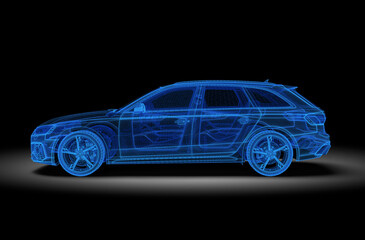 Fototapeta na wymiar Black and wireframe generic and unbranded car. 3D illustration