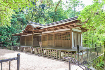 Hai-den (Worship Hall) of the Izumo-Takeo Jinjya Shrine at the Isonokami Jingu Shrine in Nara, National Treasure of Japan.