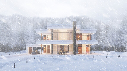 3D visualization of a modern house in the forest. Modern architecture